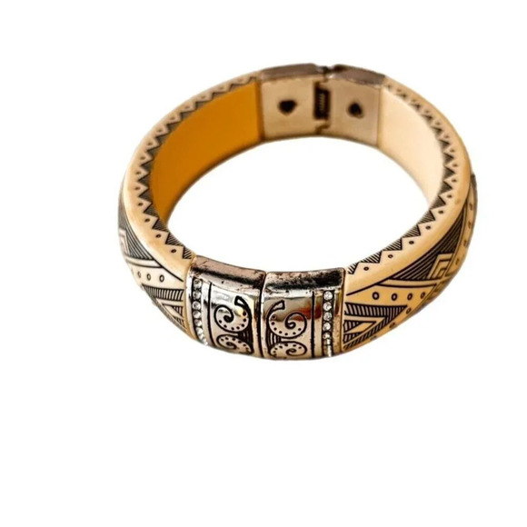 Brighton Vintage Tribal Wood Bangle Bracelet Tan Black Tiki Hinged Opening - Picture 5 of 5